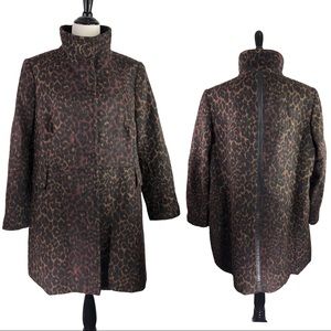 🆕 Via Spiga Stand Collar Wine Leopard Long Length Wool Blend Winter Coat